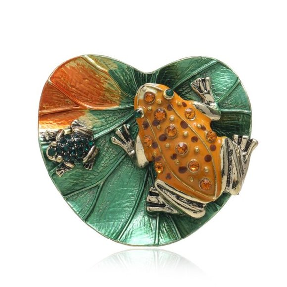 Yellow Frog & Baby on Lily Pad enamel Pin Broach - Picture 1 of 2